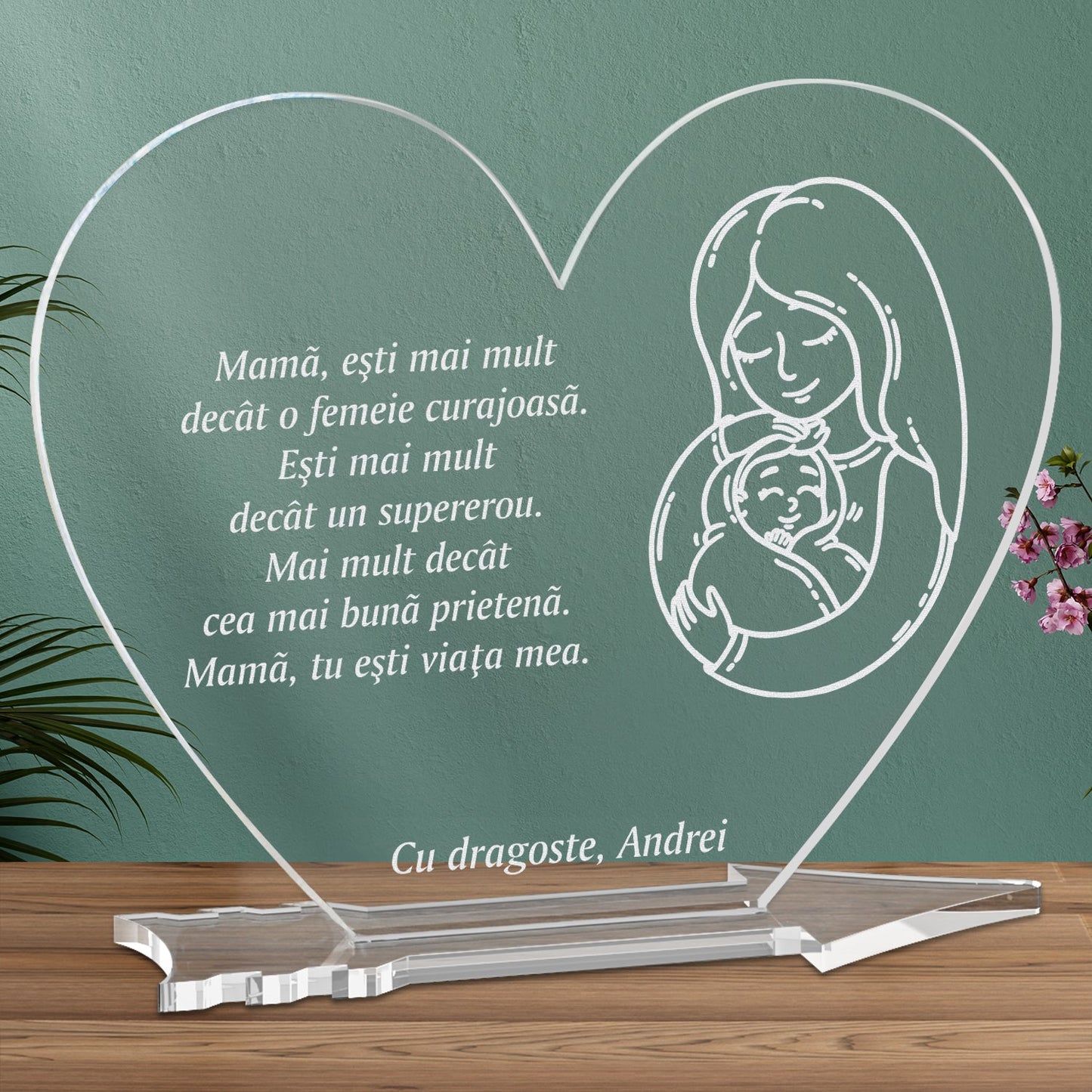 Cadou personalizat placheta plexiglas inima - Mama, tu esti viata mea